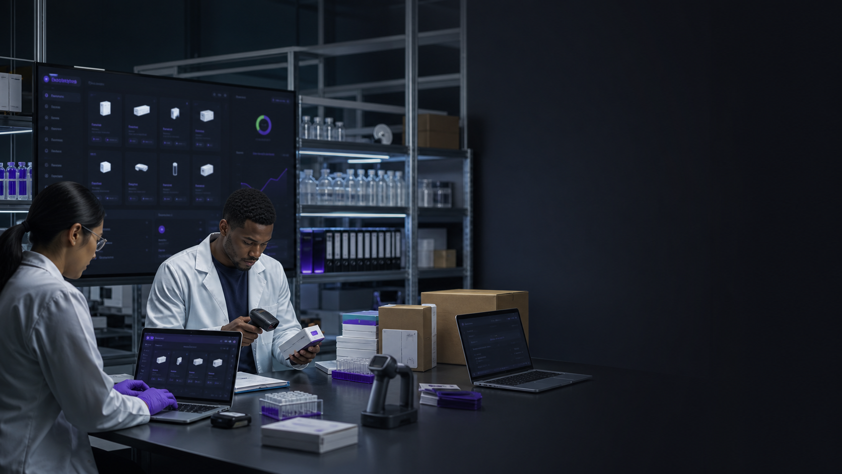 Research operations team reviewing lab supplies, barcodes, and purchasing dashboards in a dark workspace.